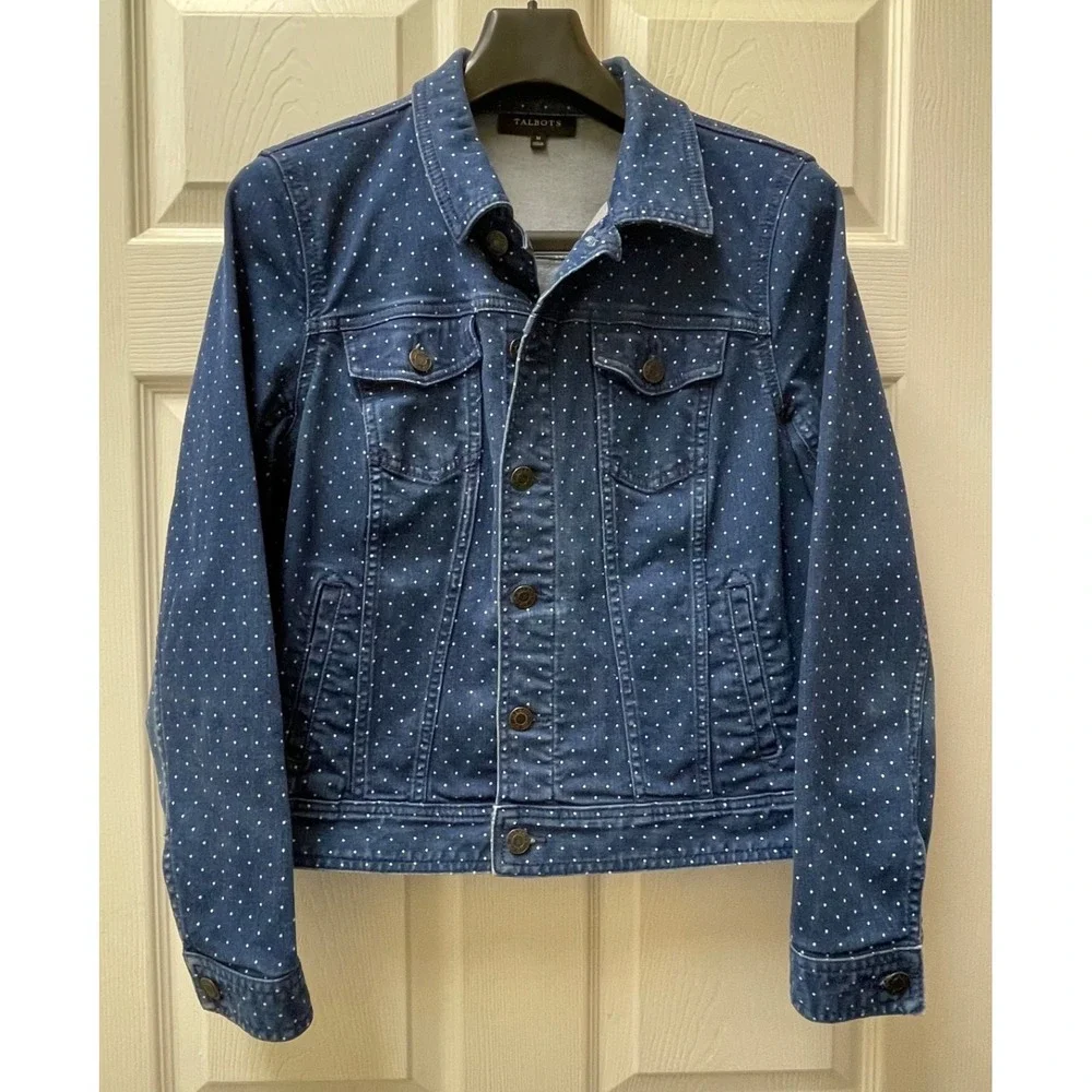 Talbots‎ Women's Sz Medium Navy Polka Dot Jean Denim Jacket Cotton Stretch